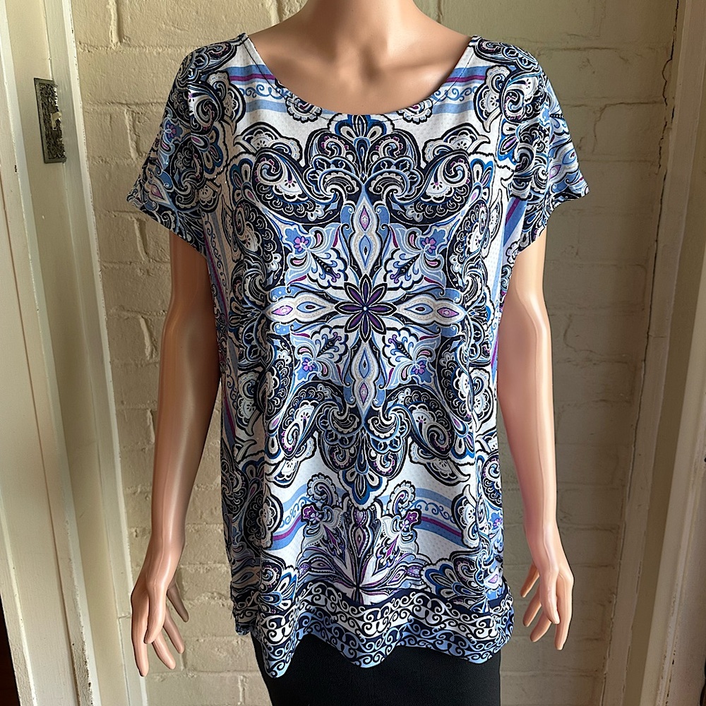 JM Collection size XL white blue and purple paisley boho design blouse top